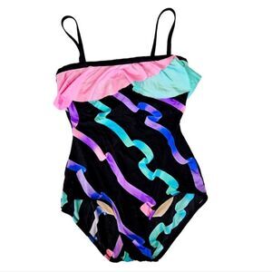 Vintage Robby Len ILGWU Retro Ruffle Flounce Colorful One Piece Bathing Suit 14